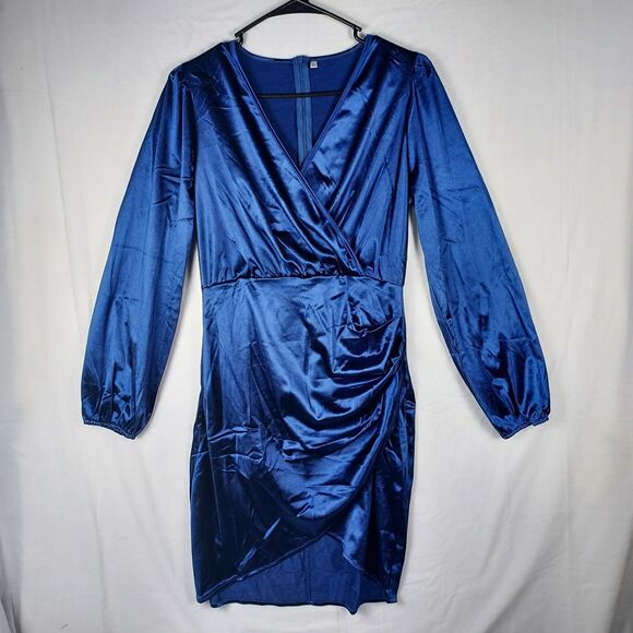 Yajedo Dresses & Skirts - Yajedo Satin V-Neck Dress Size Medium Blue Party/Cocktail Long Sleeve New